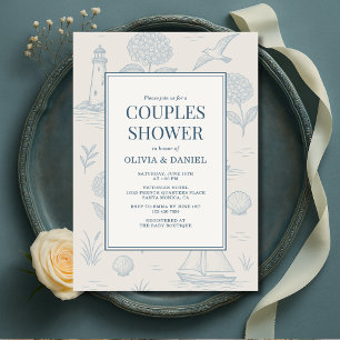 Coastal French Toile Blue Floral Couples Shower Invitation