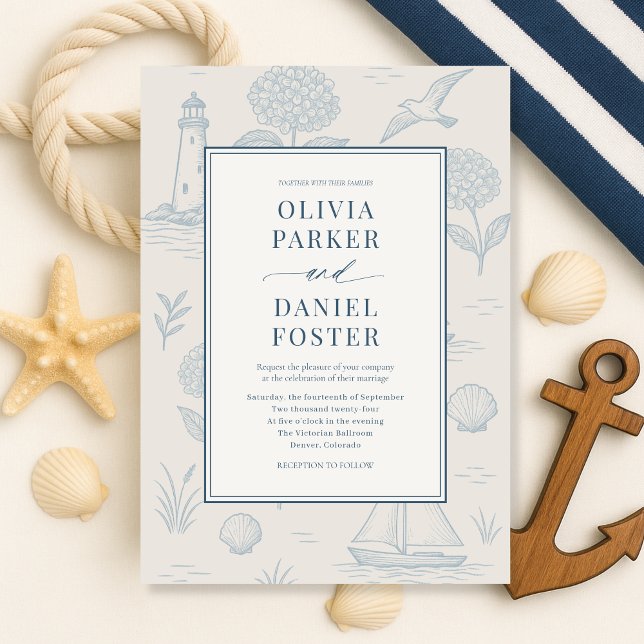 Coastal French Toile Blue Floral Wedding Invitation (Creator Uploaded)