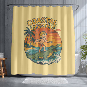 Coastal Gator Alligator Surfing   Retro Surf Beach Shower Curtain