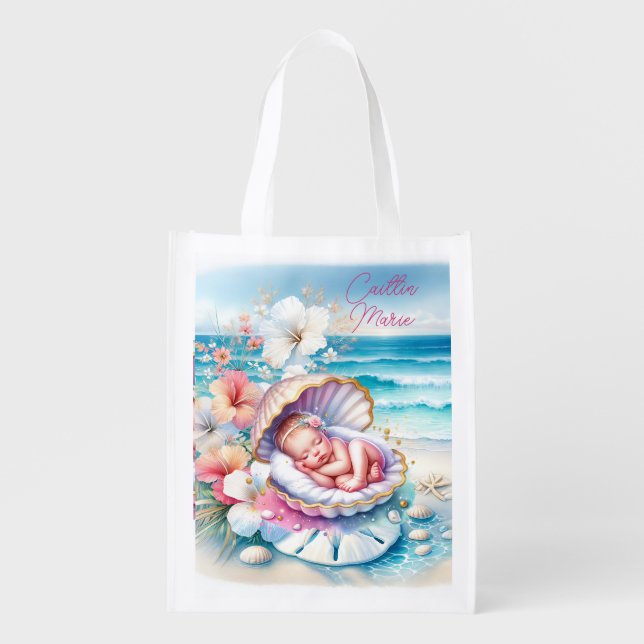 Coastal Girl's Baby Shower Personalized Grocery Bag (Front)