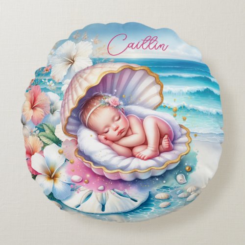 Coastal Girls Baby Shower Personalized Round Pillow