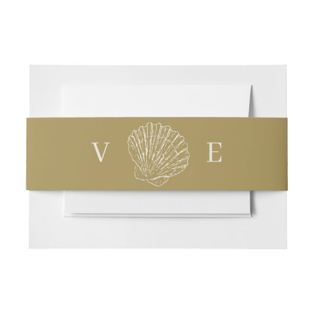 Coastal Gold & Ivory Hand Drawn Seashell Monogram Invitation Belly Band (Front Example)
