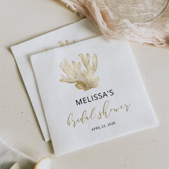 Coastal Gold Sea Coral  Black Bridal Shower Napkins (Creator Uploaded)