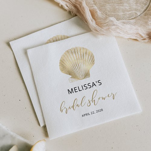 Coastal Gold Seashell Black Bridal Shower Napkins