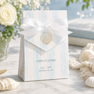 Coastal Gold Seashell Blue White Wedding Favor Boxes