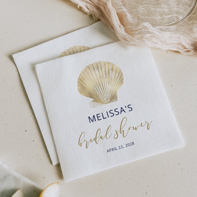 Coastal Gold Seashell Navy Blue Bridal Shower Napkins (Creator Uploaded)