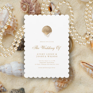 Coastal Gold Seashell & Pearls Beach Wedding Invitation