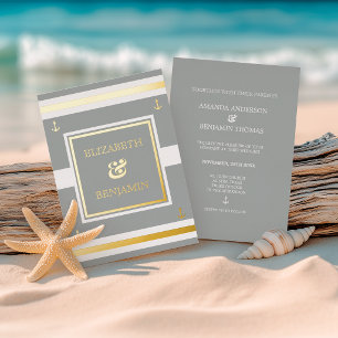 Coastal Gold White Gray Stripes Nautical Wedding Foil Invitation