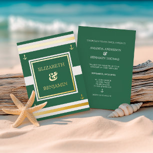 Coastal Gold White Green Stripes Nautical Wedding Foil Invitation