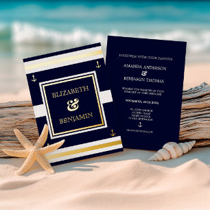 Coastal Gold White Navy Blue Nautical Wedding Foil Invitation