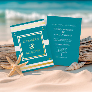 Coastal Gold White Teal Stripes Nautical Wedding  Foil Invitation