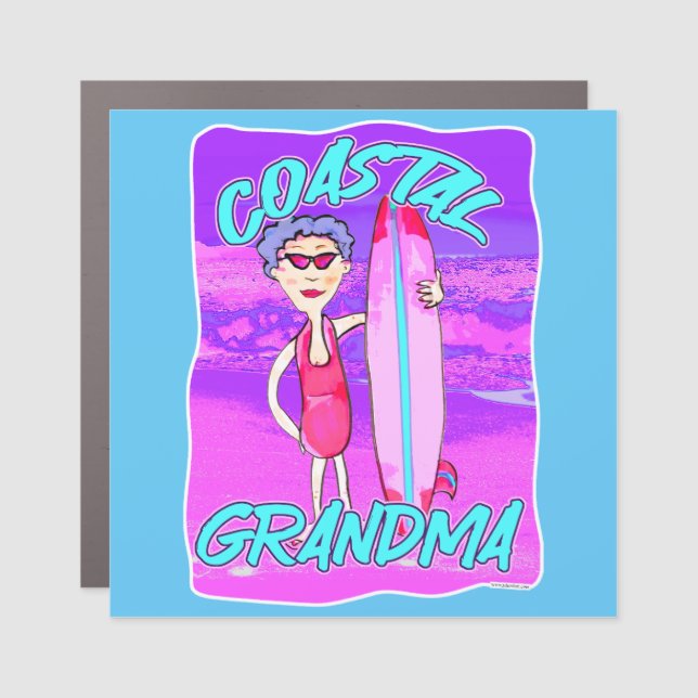 Coastal Grandma Beach Trend Cartoon Surfer Car Magnet (Front)