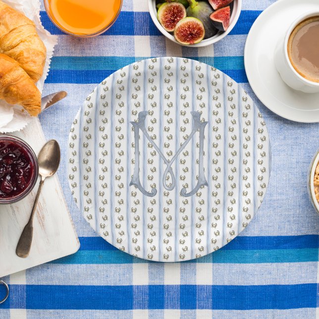 Coastal Grandmillenial Crab Stripes Monogram Paper Plates (Creator Uploaded)