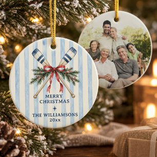 Coastal Grandmillennial Crossed Oars Family Photo Ceramic Ornament