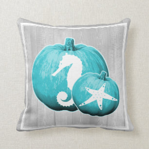 Coastal Gray Wood & Blue Beach Pumpkins Throw Pillow
