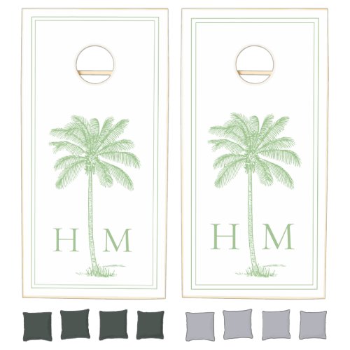 Coastal Green and White Palm Tree Monogram Cornhole Set