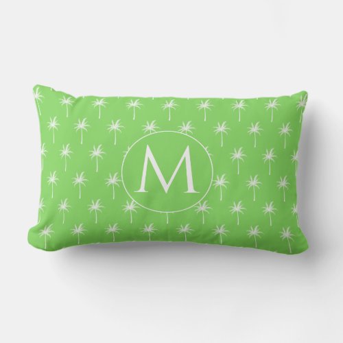 Coastal Green and White Palm Tree Monogram Lumbar Pillow
