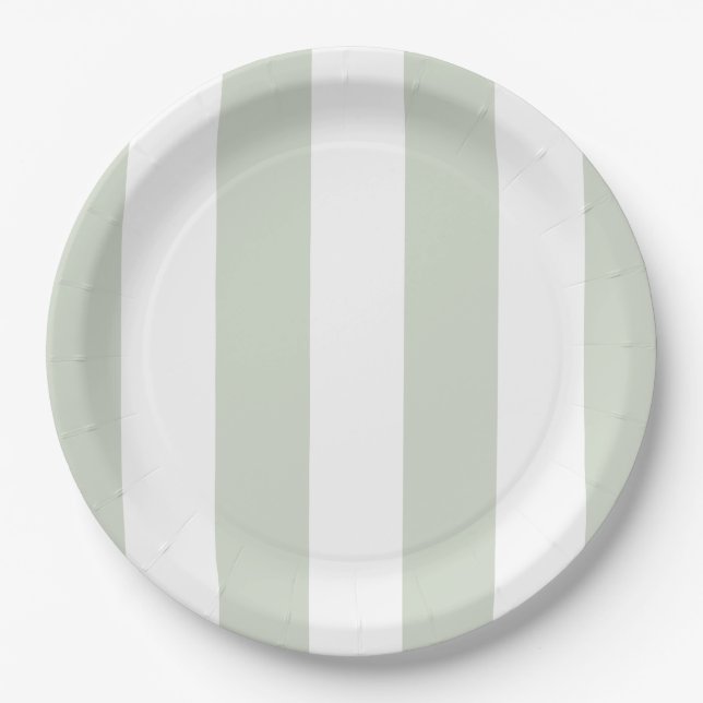 Coastal Green Cabana Stripes Birthday Paper Plates (Front)