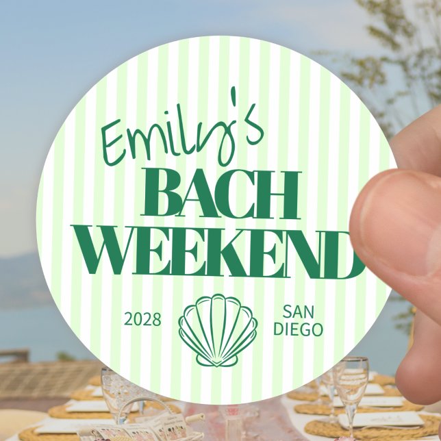 Coastal Green Striped Bach Weekend Shell Classic Round Sticker (Creator Uploaded)