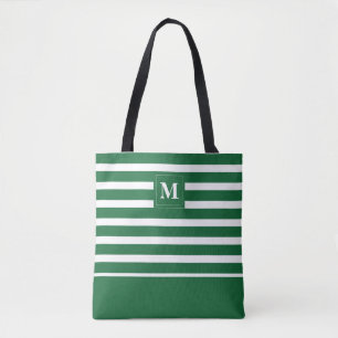 Coastal Green White Striped Beach Monogram Tote Bag
