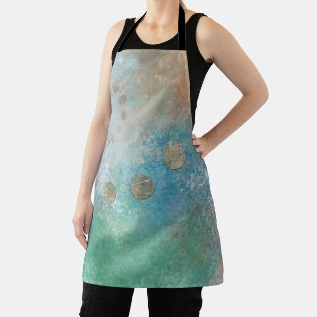 Coastal Grunge | Blue and Green Watercolor Gold Apron (Insitu)