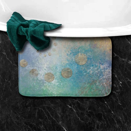 Coastal Grunge  Blue and Green Watercolor Gold Bath Mat