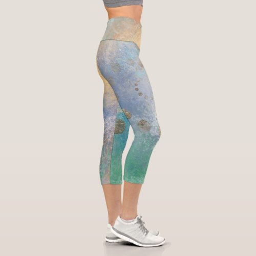 Coastal Grunge  Blue and Green Watercolor Gold Capri Leggings