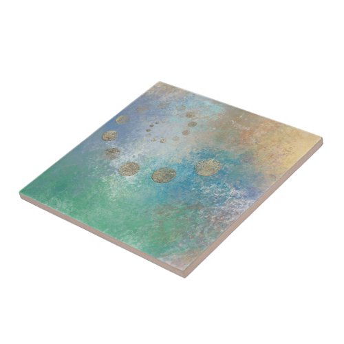 Coastal Grunge  Blue and Green Watercolor Gold Ceramic Tile