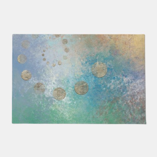 Coastal Grunge  Blue and Green Watercolor Gold Doormat