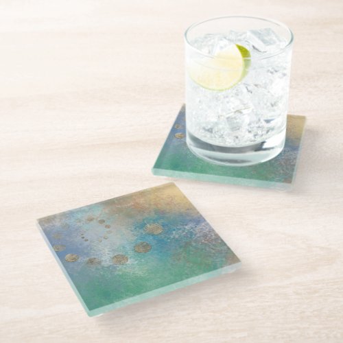 Coastal Grunge  Blue and Green Watercolor Gold Glass Coaster