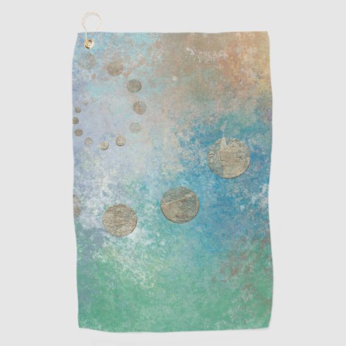 Coastal Grunge  Blue and Green Watercolor Gold Golf Towel