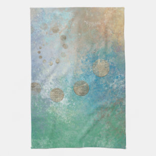 Coastal Grunge Blue and Green Watercolor Gold Kitchen Towel