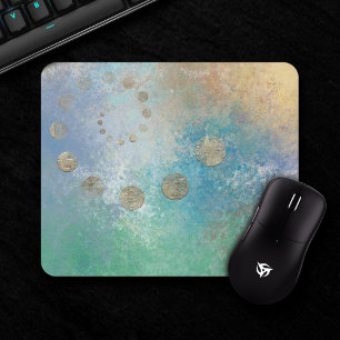 Coastal Grunge Blue and Green Watercolor Gold Mouse Pad