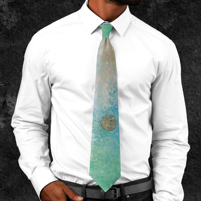 Coastal Grunge | Blue and Green Watercolor Gold Neck Tie (Creator Uploaded)