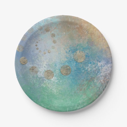 Coastal Grunge  Blue and Green Watercolor Gold Paper Plates