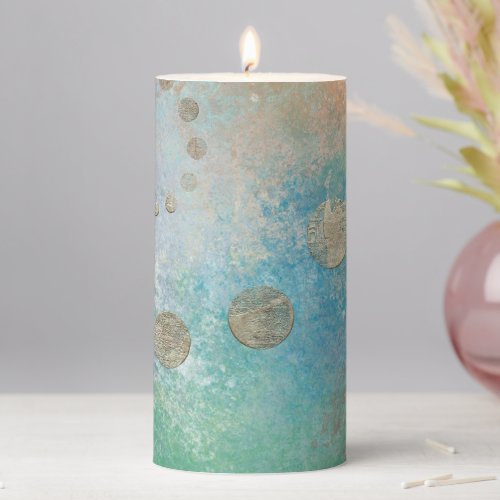 Coastal Grunge  Blue and Green Watercolor Gold Pillar Candle