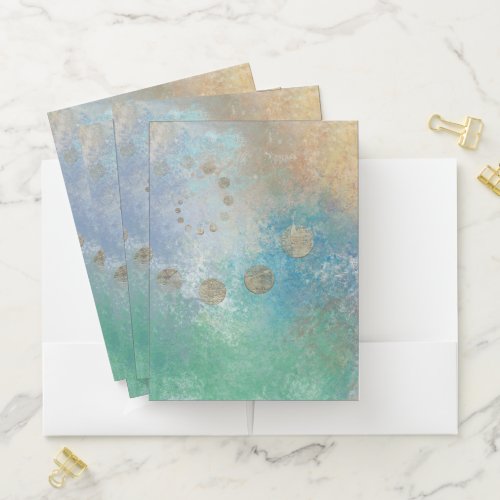 Coastal Grunge  Blue and Green Watercolor Gold Pocket Folder