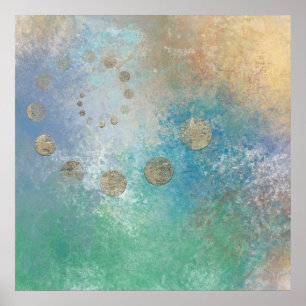 Coastal Grunge Blue and Green Watercolor Gold Poster