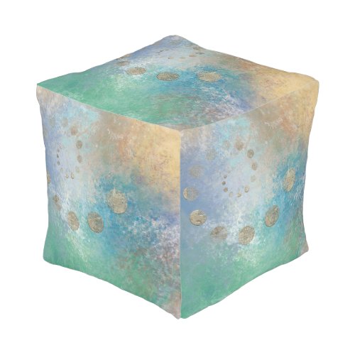 Coastal Grunge  Blue and Green Watercolor Gold Pouf