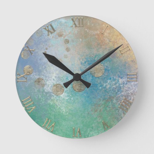 Coastal Grunge  Blue and Green Watercolor Gold Round Clock