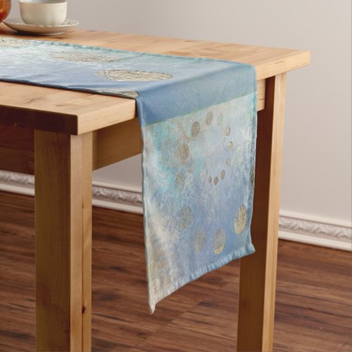 Coastal Grunge  Blue and Green Watercolor Gold Short Table Runner