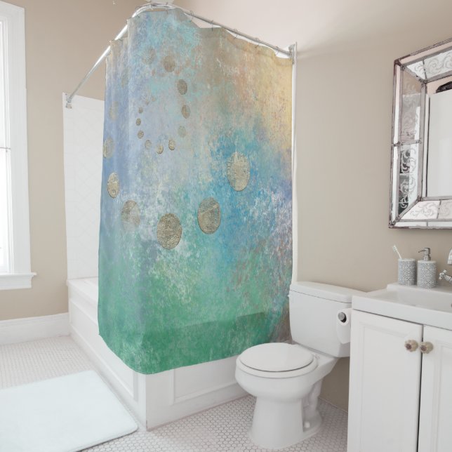 Coastal Grunge | Blue and Green Watercolor Gold Shower Curtain (In Situ)