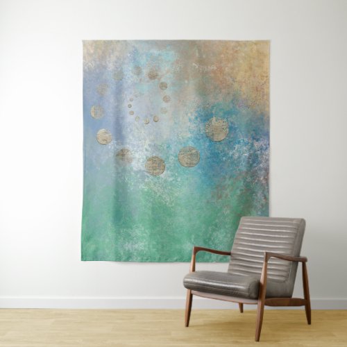 Coastal Grunge  Blue and Green Watercolor Gold Tapestry