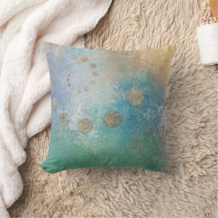 Coastal Grunge Blue and Green Watercolor Gold Throw Pillow