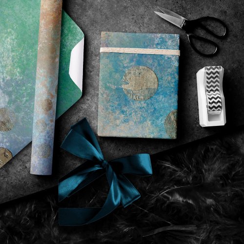 Coastal Grunge  Blue and Green Watercolor Gold Wrapping Paper