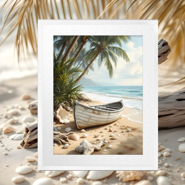 Coastal Hampton seashells driftwood dinghy boat Framed Art (Creator Uploaded)