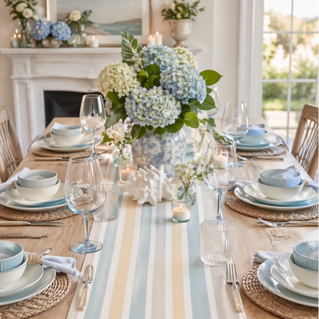 Coastal Hamptons Stripe Table Runner (Elevate your table with this coastal Hamptons stripe runner—perfect for elegant dinner parties)