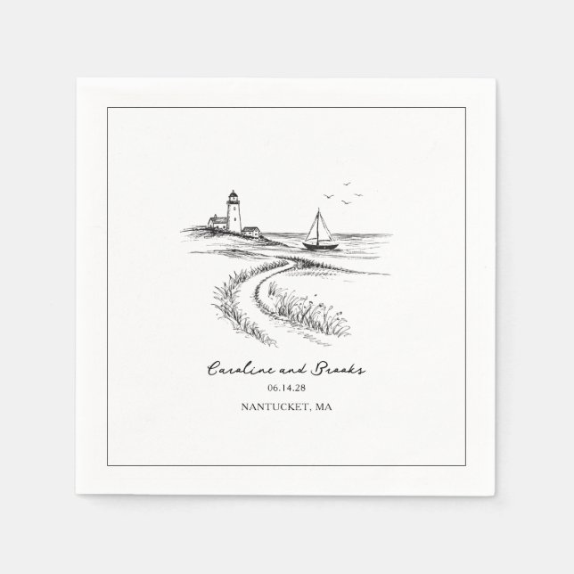 Coastal Hand Drawn Black & White Wedding Napkins (Front)