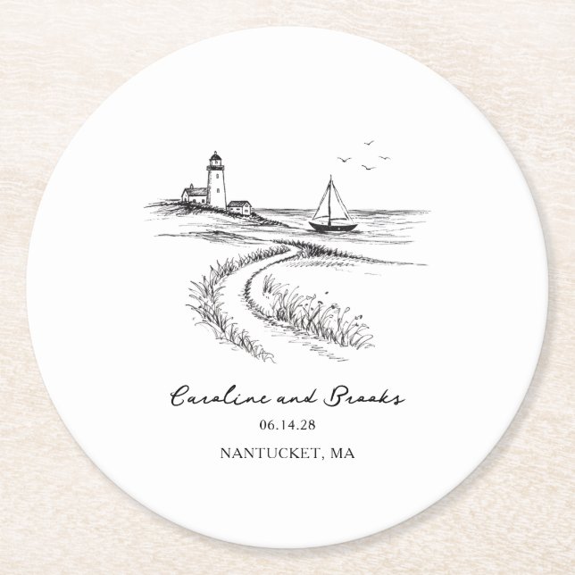 Coastal Hand Drawn Black & White Wedding Round Paper Coaster (Front)