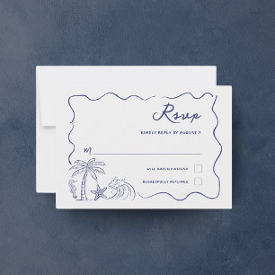 Coastal Hand Drawn Palm Seashell Beach Wedding  RSVP Card